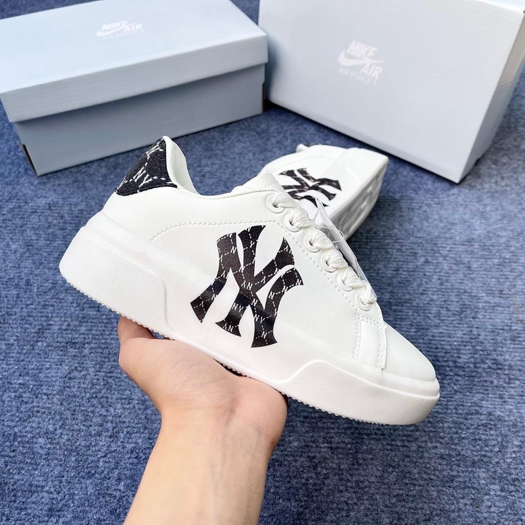 Giày thể thao nam nữ MLB NY màu trắng chữ đen Full Box - Giày NY độn đế tăng chiều cao nam nữ cao cấp hot trend 2022