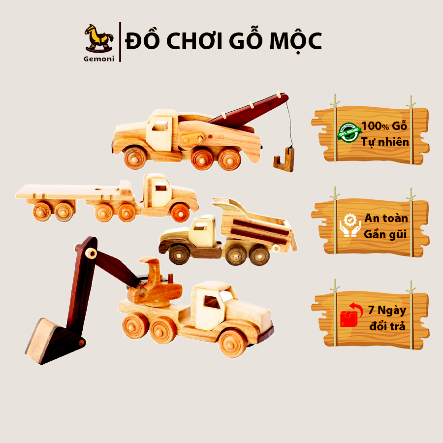 Bộ 4 xe mô hình đồ chơi bằng gỗ mộc - đồ chơi gỗ gemoni