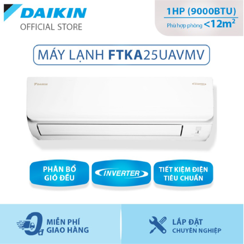 Máy Lạnh Daikin Inverter FTKA25UAVMV 1HP [Giảm 10% khi thanh toán qua thẻ] (9000BTU) - Tiết kiệm điện - Luồng gió Coanda - Độ bền cao - Chống Ăn mòn - Chống ẩm mốc - Làm lạnh nhanh - Hàng chính hãng