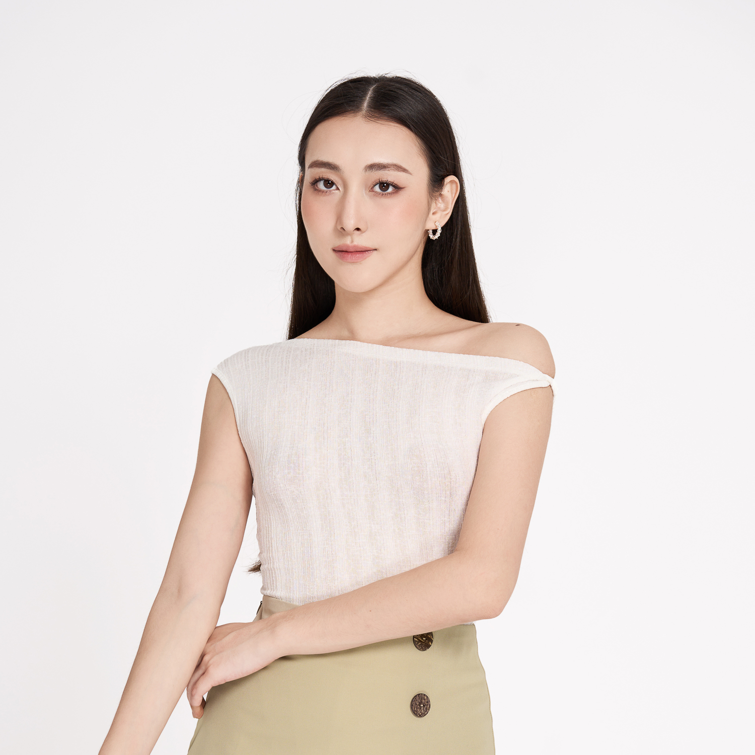 Áo ôm thun gân sọc lệch vai không tay Maybi