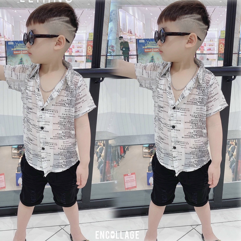 Áo sơ mi lụa tơ tằm cộc tay cho bé trai mặc hè mát mẻ