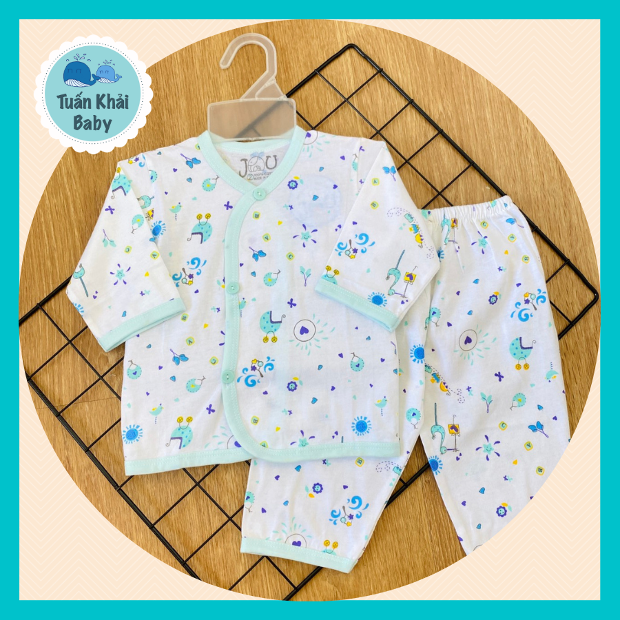 Túi 1 Bộ Quần Áo Sơ Sinh cotton Cao Cấp JOU - Mẫu Tay Dài Cài Xéo Họa Tiết - Size 1,2,3 cho bé sơ sinh - 9 kg