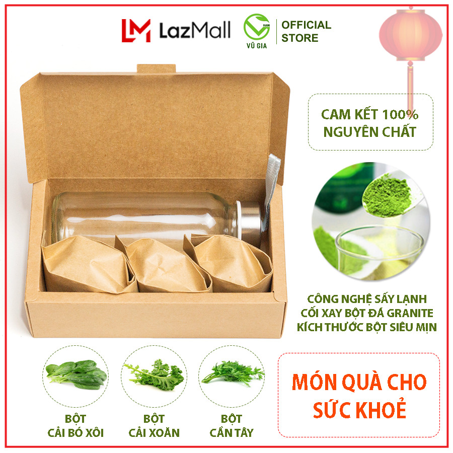 Combo bột cần tây sấy lạnh nguyên chất vũ gia + bột cải xoăn sấy lạnh nguyên chất vũ gia + bột cải bó xôi sấy lạnh nguyên chất vũ gia + tặng chai thuỷ tinh tiện lợi