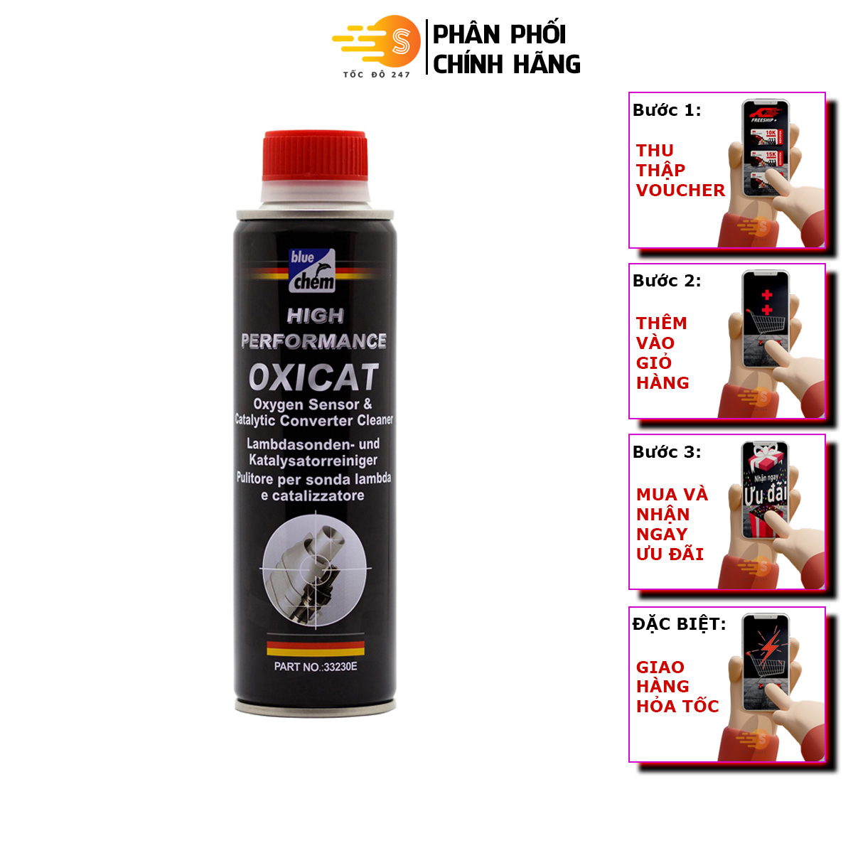 OXICAT - Phụ gia vệ sinh cảm biến oxy và bầu lọc khí thải catalytic Bluechem 33230E - Tốc độ 247 Loại bỏ những muội than bám dính trong hệ thống xả