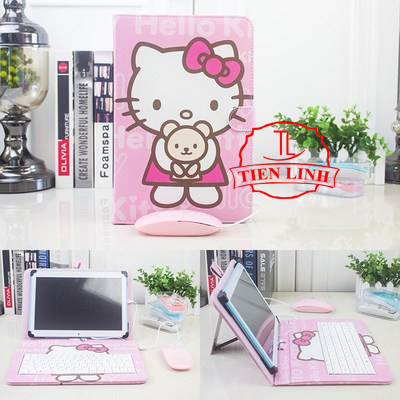 Combo bao da bàn phím + Chuột + Lót chuột cho điện thoại máy tính bảng từ 4 đến 8 inch hình HELLOKITTY ÔM GẤU