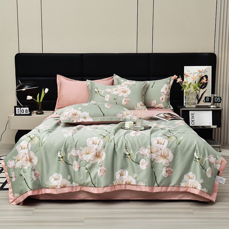 Bộ chăn ga gối lụa thái 4 món, chăn trần bông, chất liệu lụa mềm mịn mát by heo