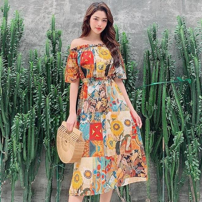 Đâm Maxi Thổ Cẩm Trễ Vai Bohemian