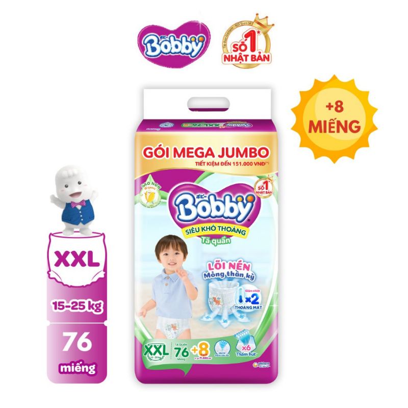 Tã/bỉm quần bobby lõi nén thần kỳ 3mm mega jumbo gạo non m112/l96/xl84/xxl76 + 8 miếng