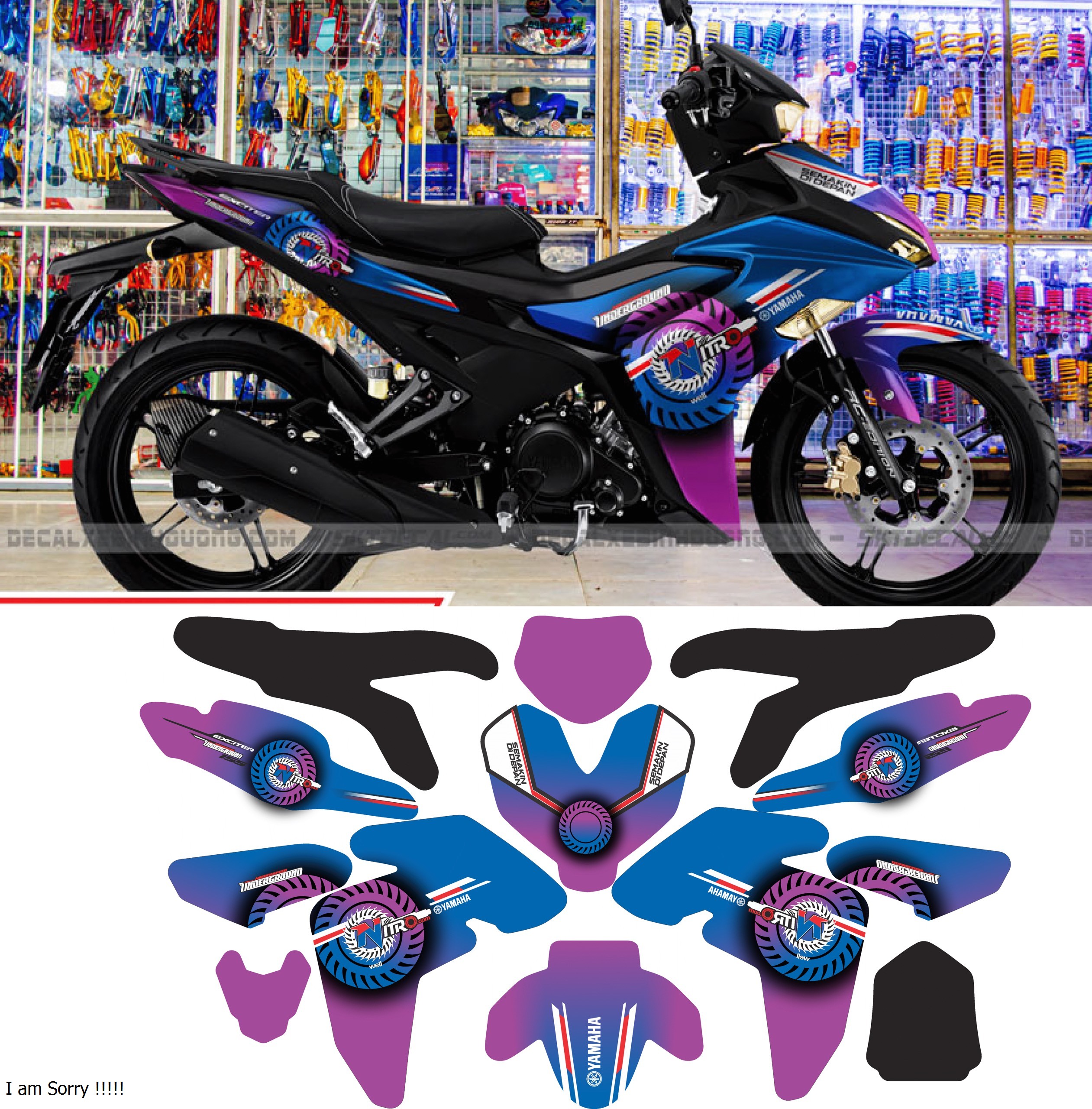 Tem trùm xe exciter 155 NITRO XANH TÍM đẹp - Tem dán xe máy exciter 155 NITRO XANH TÍM thiết kế theo yêu cầu - tem trùm exciter 155 độ chế đẹp và rẻ chất