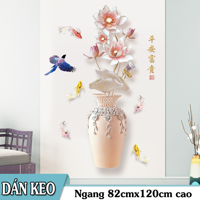 Decal trang trí tường - Chậu và Hoa Sen trắng hồng nhạt 3D mới