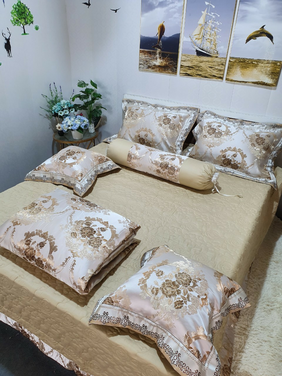 Bộ Chăn Ga Gối 5 Món Gấm Lụa hoàng gia Cao Cấp