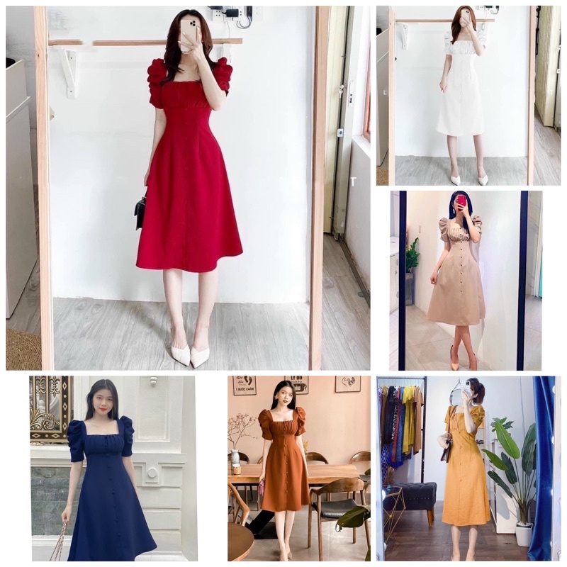 Đầm xếp li ngực nút bọc 6 màu
