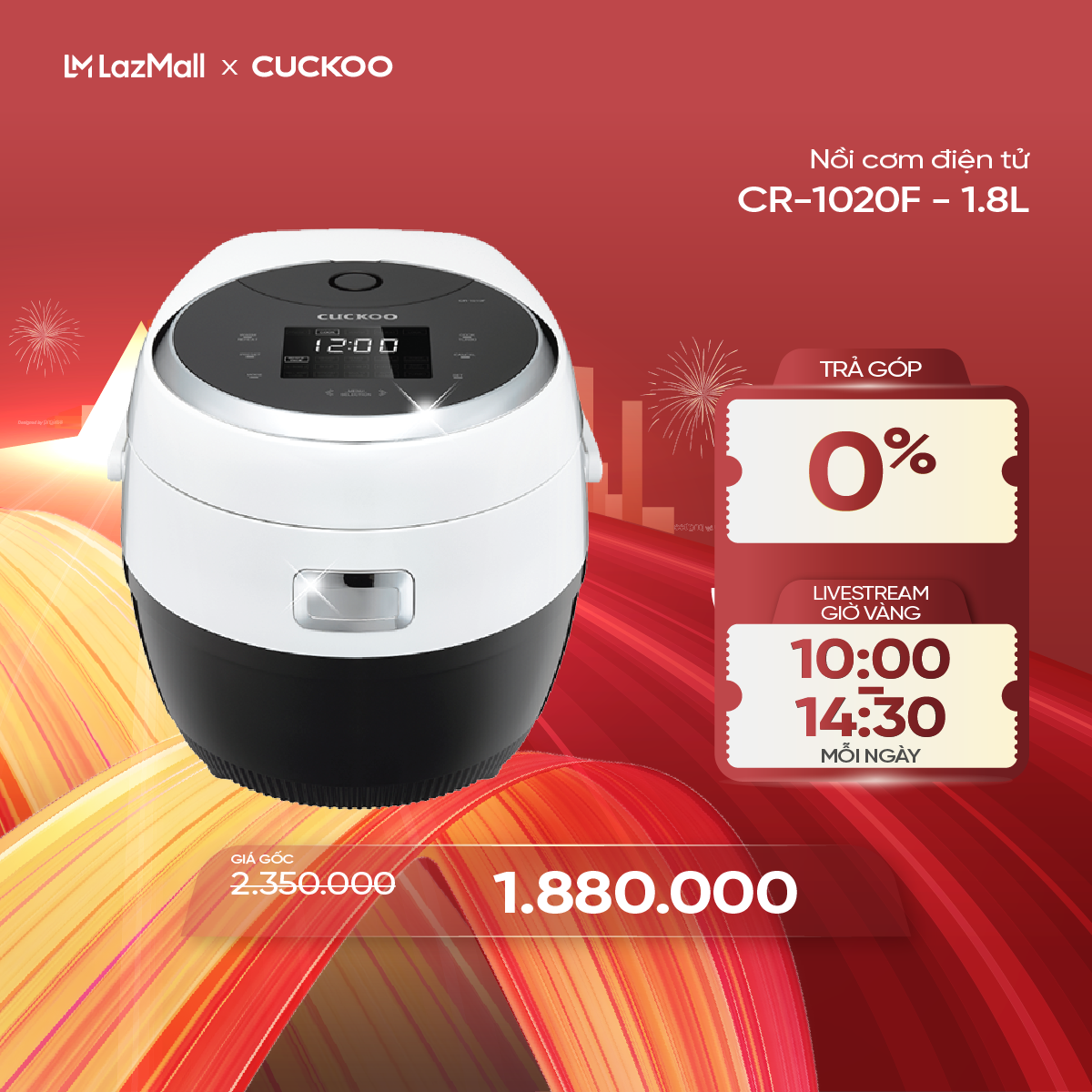 Nồi cơm điện tử Cuckoo 1,8L CR-1020F - Bảng điều khiển LED - Lòng nồi chống dính - Chất lượng Hàn Quốc - Hàng chính hãng Vina