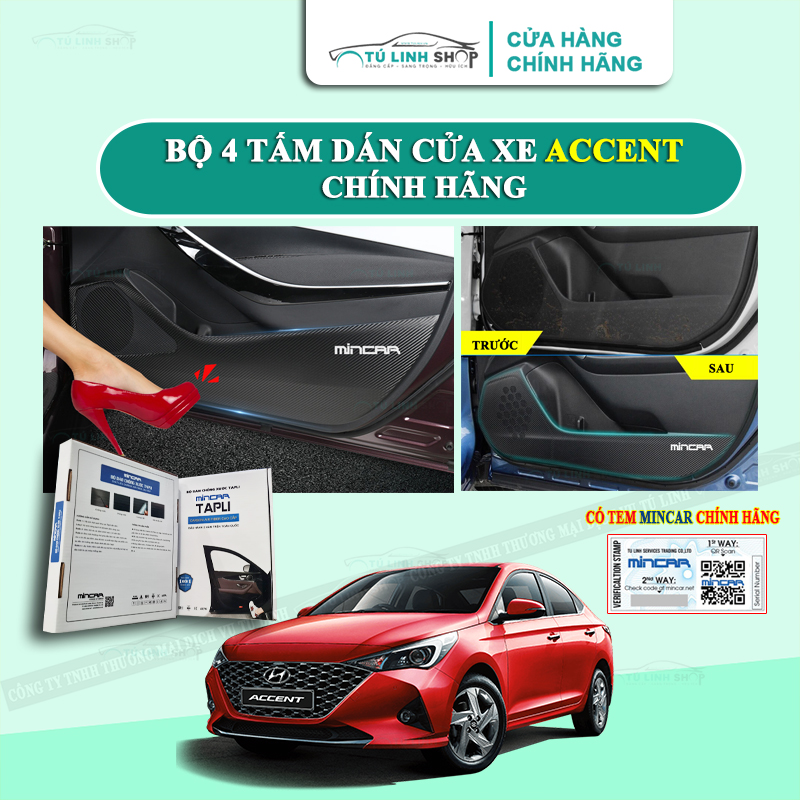 Bộ 4 Tấm dán Tapli xe Accent chính hãng MINCAR chống trầy xước cửa xe, chống xước tapi cửa ô tô bằng Carbon Air Fiber cao cấp