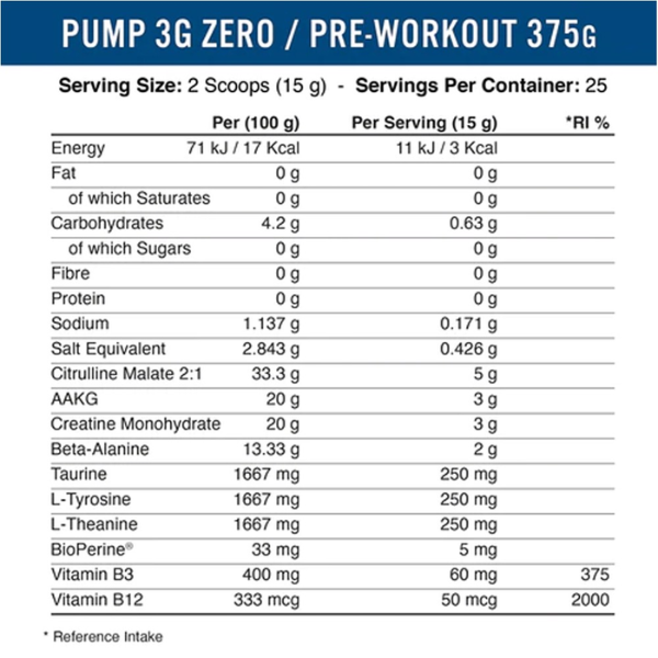Pre Workout không caffeine Pump 3G Free Caffeine 375g
