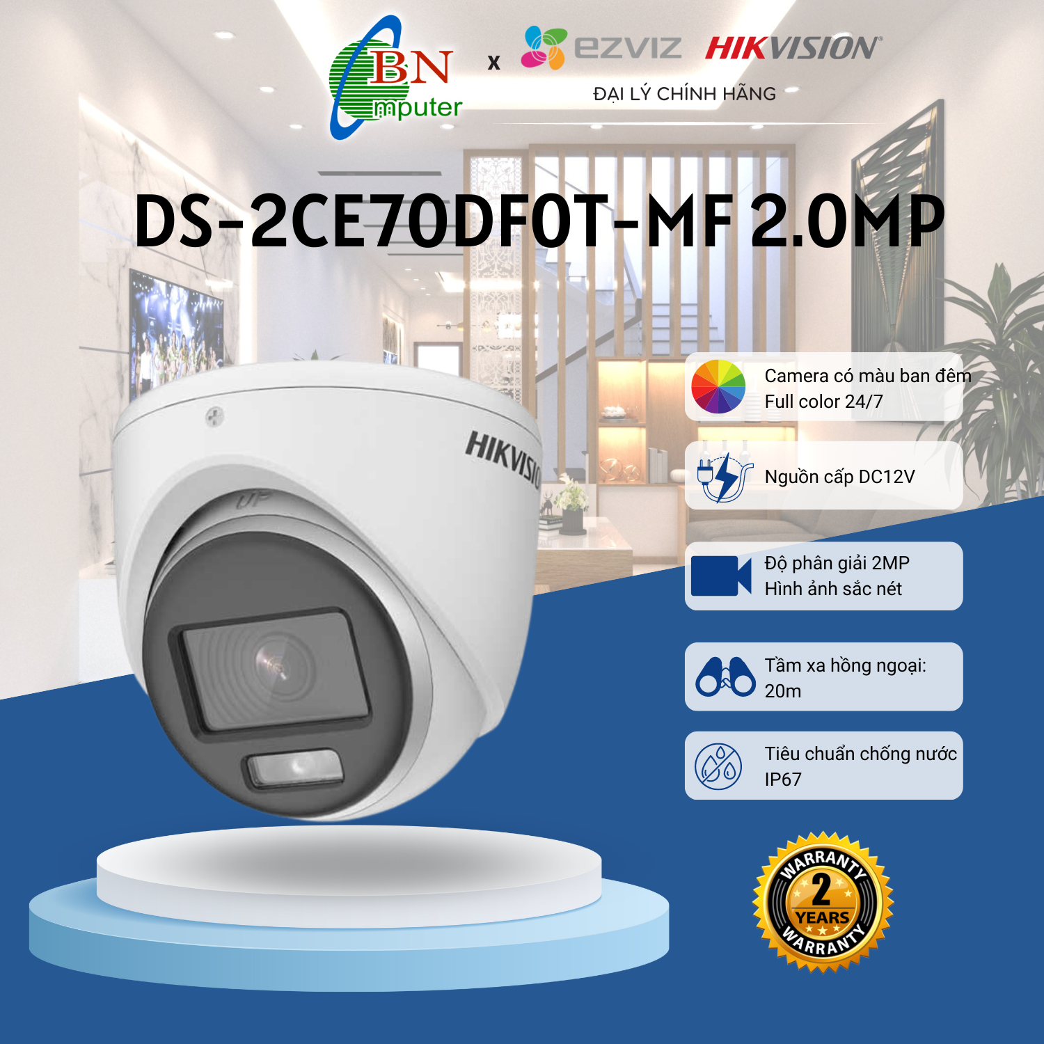 Camera quan sát hikvision ds-2ce 70df0t-mf, camera bán cầu có màu ban đêm 2mp, bảo hành 24 tháng