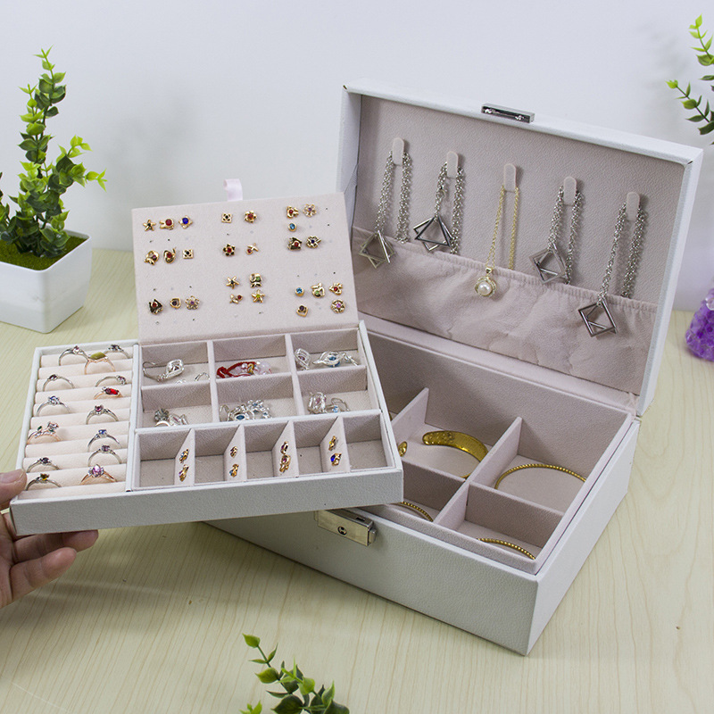 Hộp đựng nữ trang, hộp đựng trang sức 2 tầng có khóa da PU sang xịn đẹp