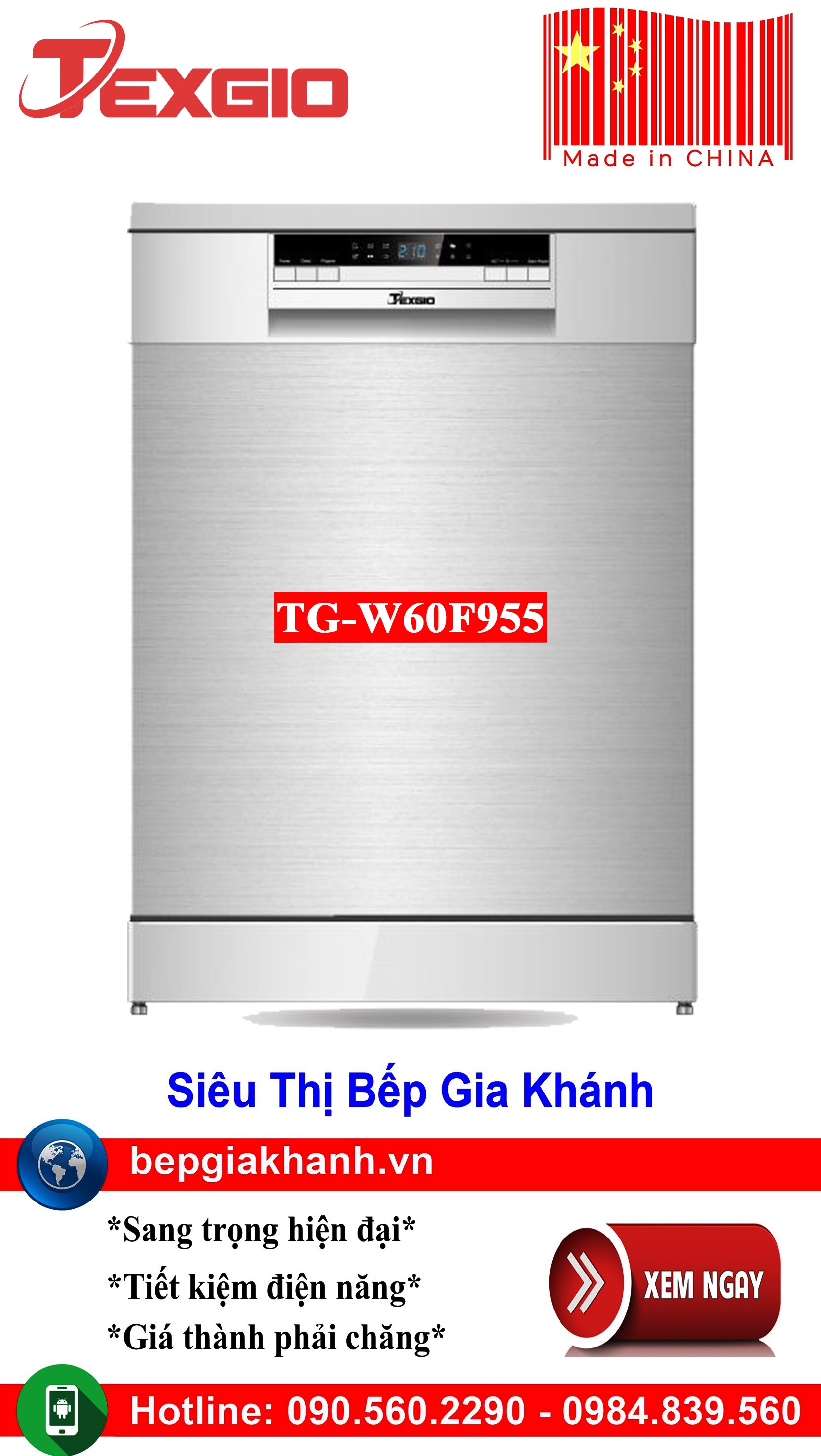Máy rửa bát 14 bộ 3 giàn rửa Texgio TG-W60F955 sản xuất Trung Quốc