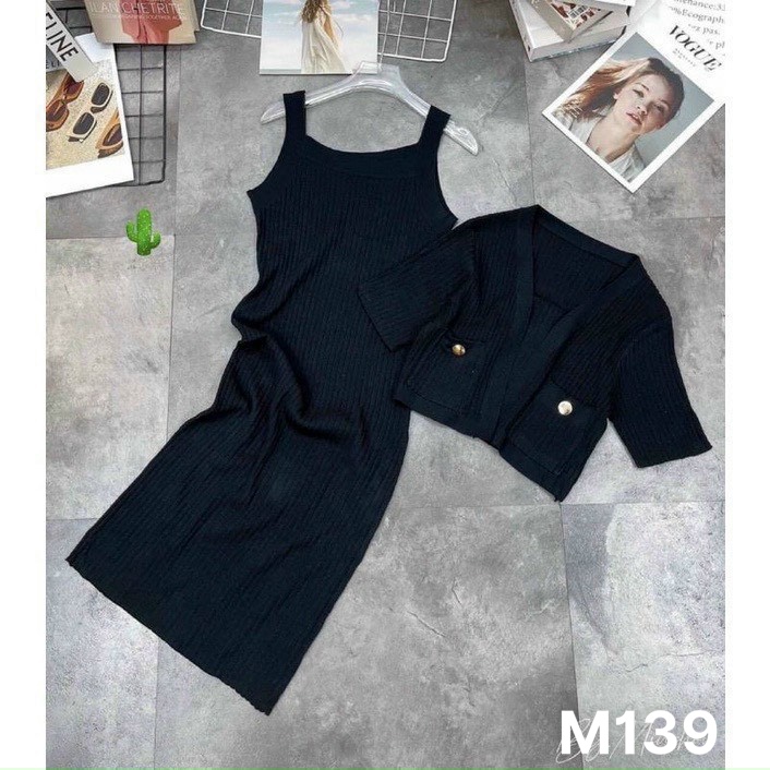 Set váy đầm dài 2 dây kèm khoác ngoài thun gân M139