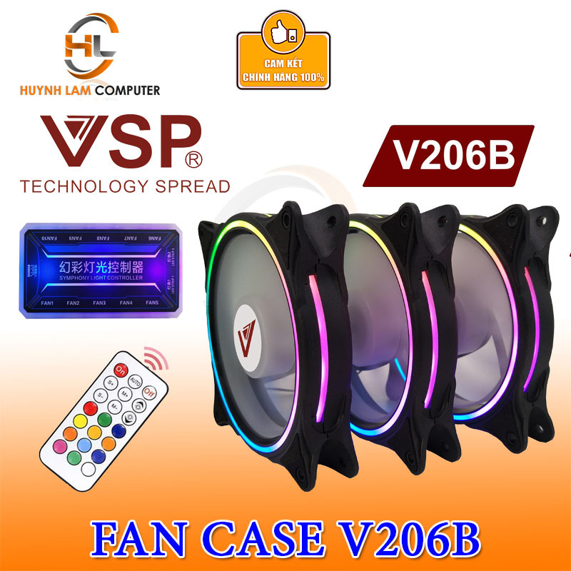 Bảng giá Bộ 3 Fan VSP V206B Led RGB kèm hub và remote Cho Case kính cường lực VSP Phân phối Phong Vũ