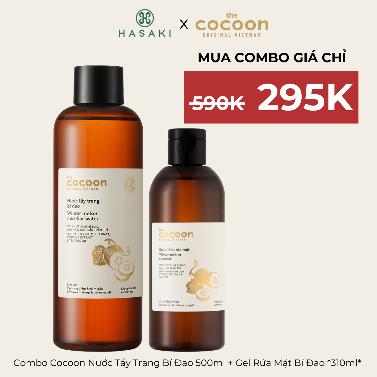 Combo cocoon nước tẩy trang bí đao 500ml + gel rửa mặt bí đao 310ml hasaki sản phẩm chính hãng