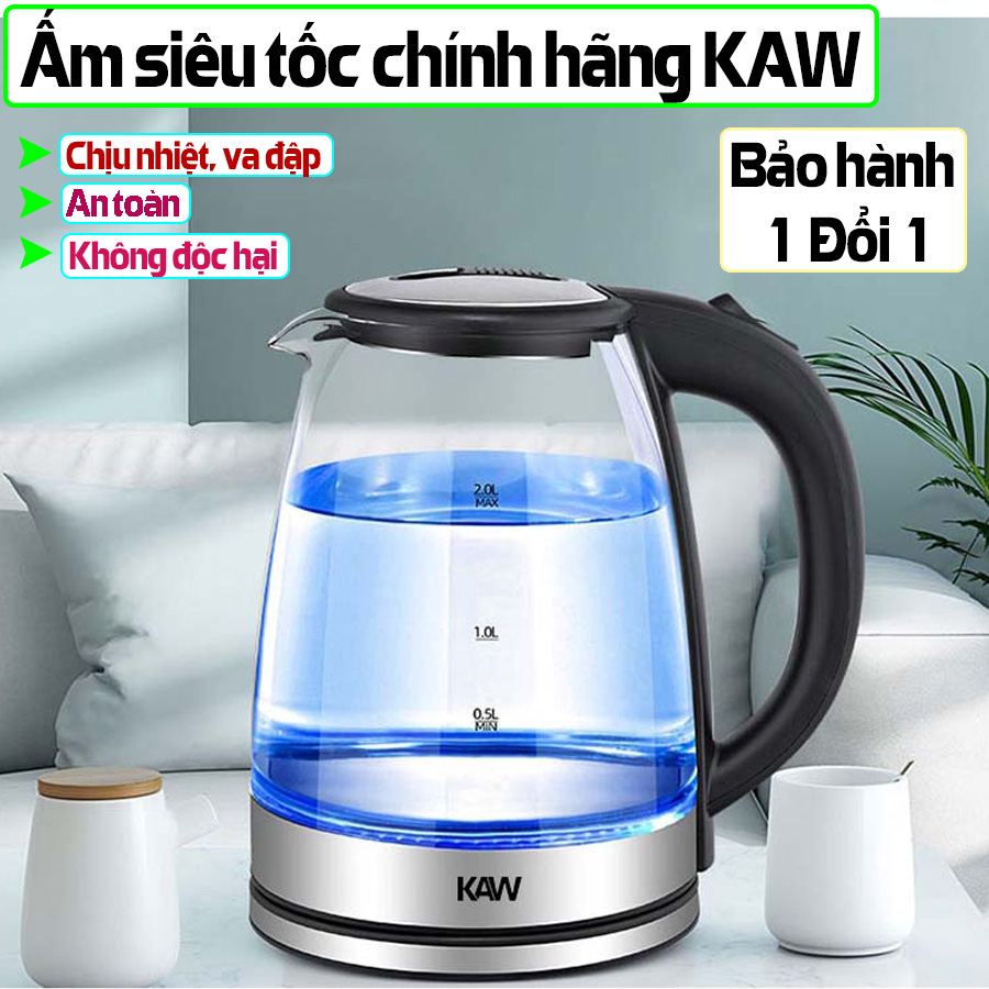 Bình đun siêu tốc bằng thủy tinh KAW chính hãng 2 lit dung tích lớn, ấm đun nước siêu tốc an toàn cho sức khoẻ đun nước siêu nhanh