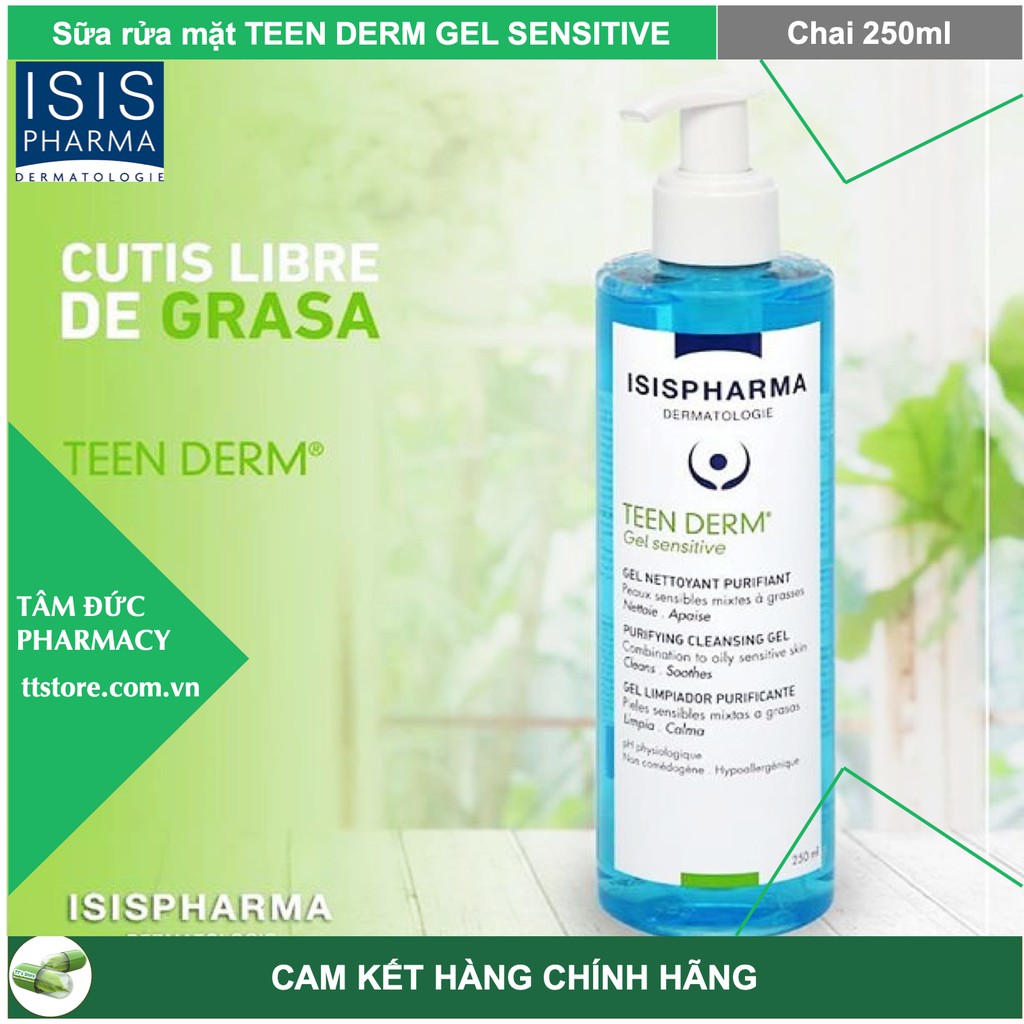 TEEN DERM GEL SENSITIVE [Chai 250ml] - Sữa rửa mặt da nhạy cảm giảm nhờn, ngừa mụn ISIS Pharma [teenderm gel]