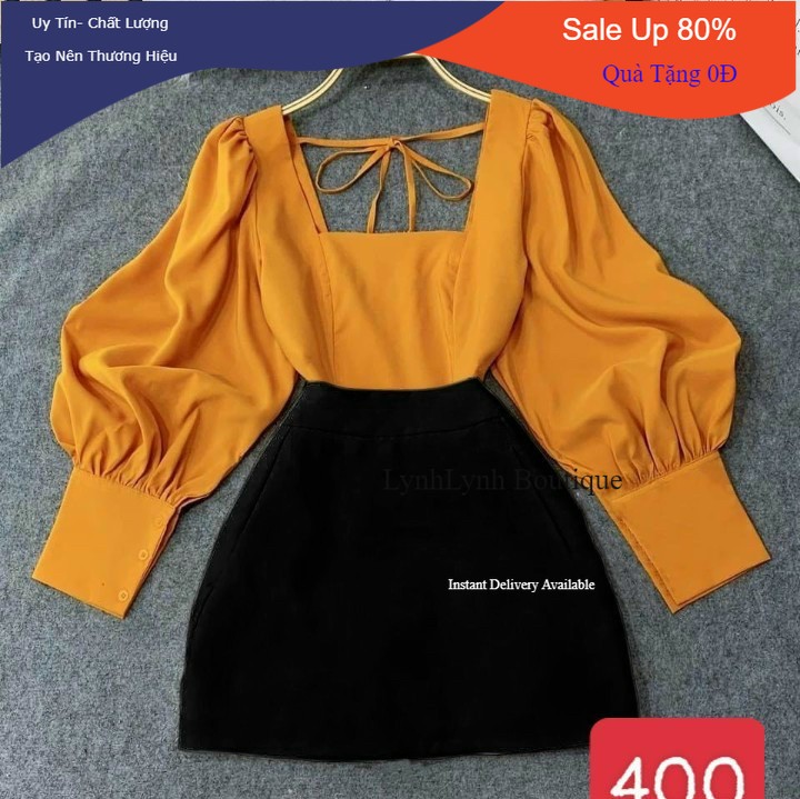Set áo croptop cổ vuông tay bồng dài chân váy chữ a năng động xinh