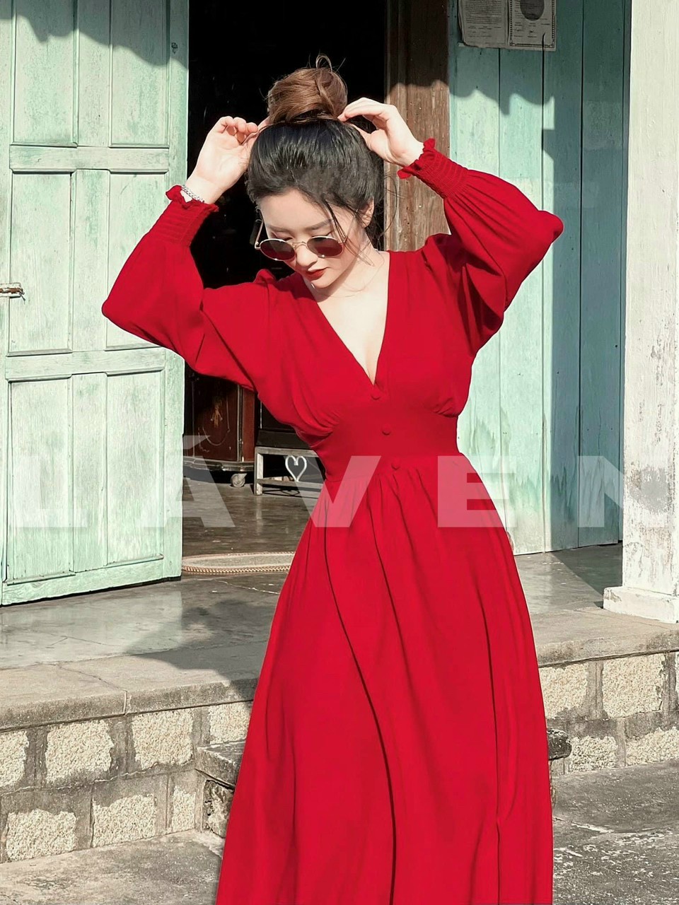 đầm maxi voan tay dài nút bọc có mút cao cấp