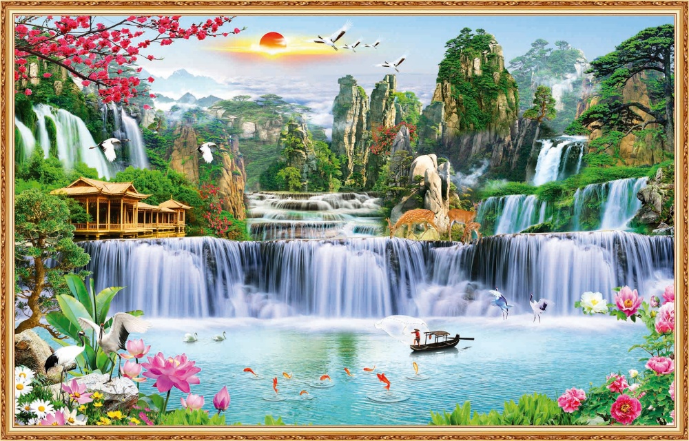 Tranh dán tường 3d phòng khách sơn thủy