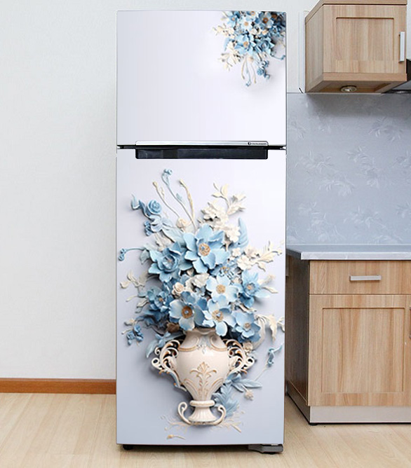 Decal dán Tủ Lạnh bình hoa xanh 3d chất liệu cao cấp