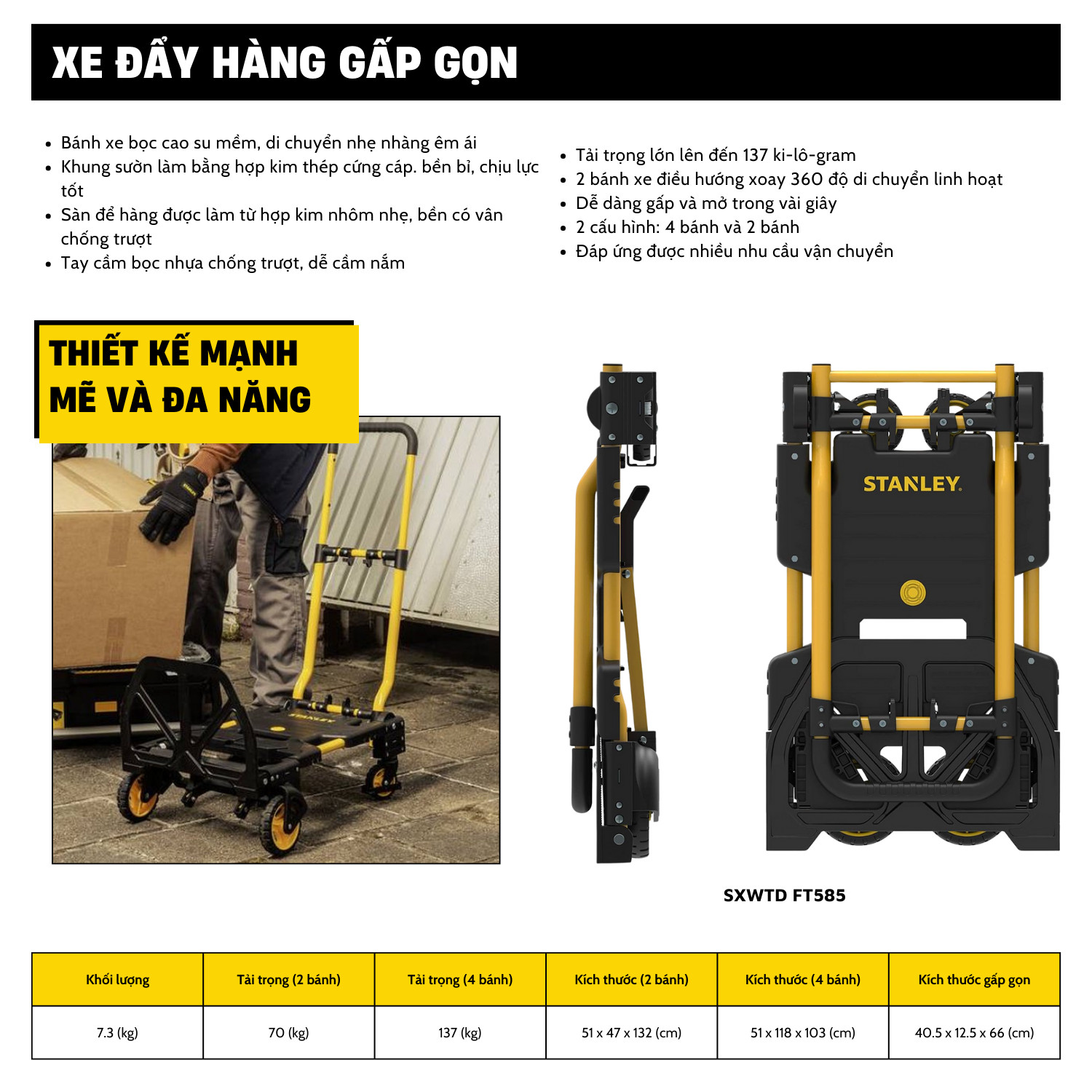 Xe đẩy hàng gấp gọn 2 - 4 bánh Stanley FT585 tải trọng 70/137kgs - Hàng chính hãng