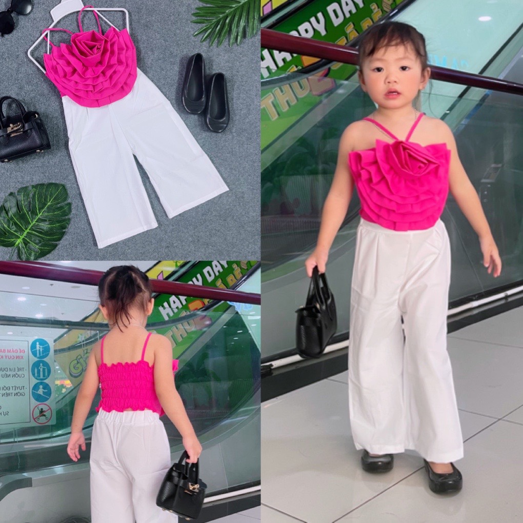 Set áo dây hoa thêu nổi phối kèm quần loe xẻ tà thời trang