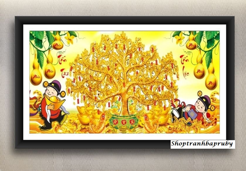 Tranh đính đá Tấn Tài Tấn Lộc cây tiền VS487 kích thước 130 x 60 cm