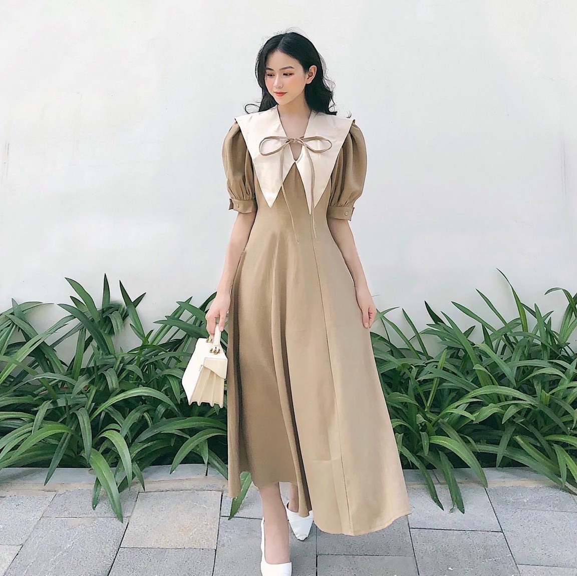 Đầm cổ trắng nơ cổ form dài 2 màu