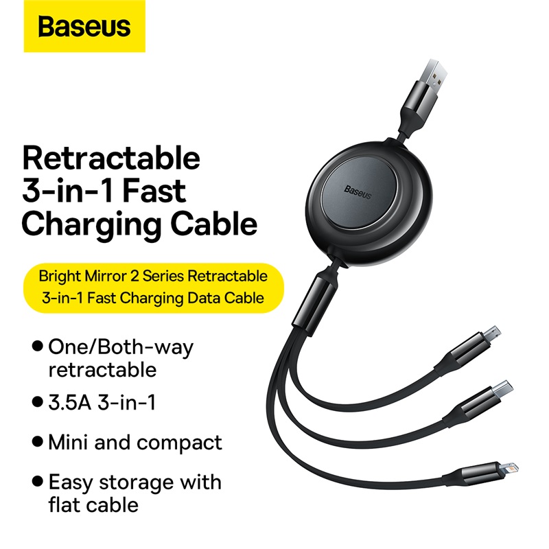 Baseus 3-in-1 Type C USB Cable Retractable Fast Charging Data Cable USB to M+L+C 3.5A 1.1m for iPhone  14 13 12 Pro Huawei Xiaomi Samsung Micro USB C Cord