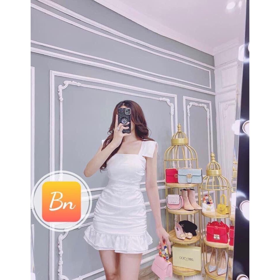 Đầm Body Lụa chéo Bèo Nhún 2 Dây Bản To Dễ Thương