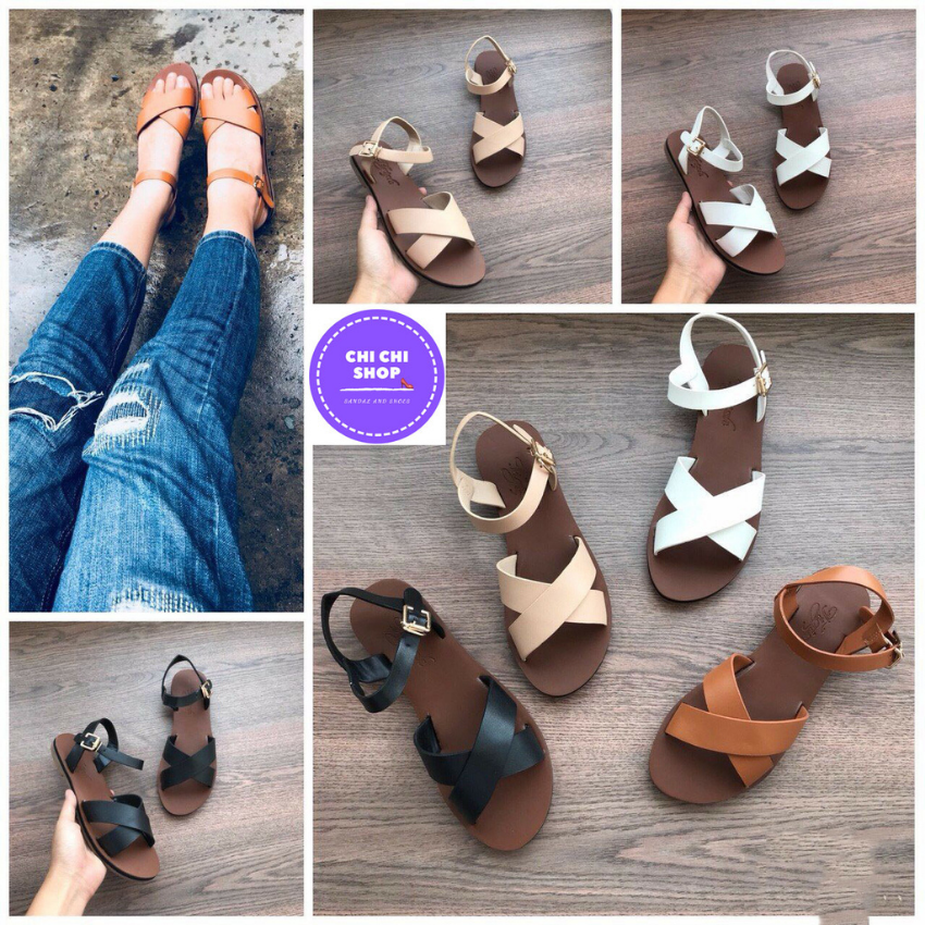 Giày sandal đế thấp quai chéo