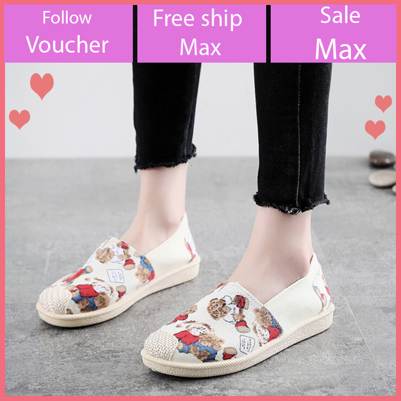 Giầy lười nữ vải đẹp đi bộ êm chân, giầy slip on vải đế mềm, giầy vintage họa tiết đẹp V276 CB