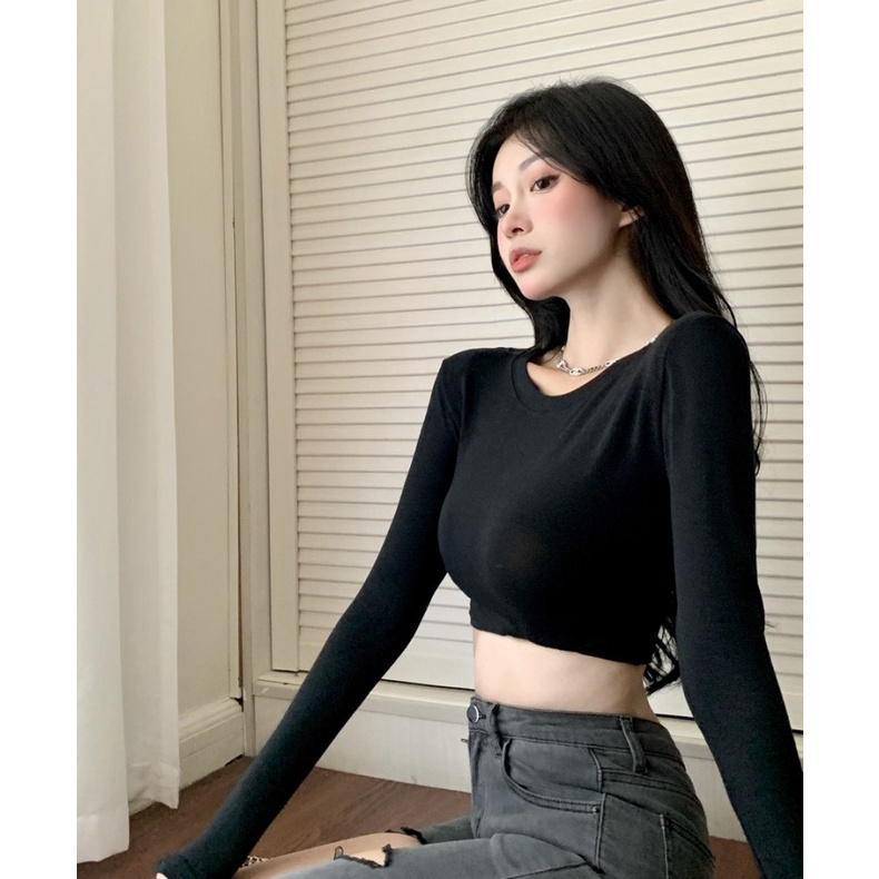 Áo croptop dài tay ranshi hàng loại 1 áo thun cổ tròn màu trơn thiết kế basic dễ phối đồ - ra092