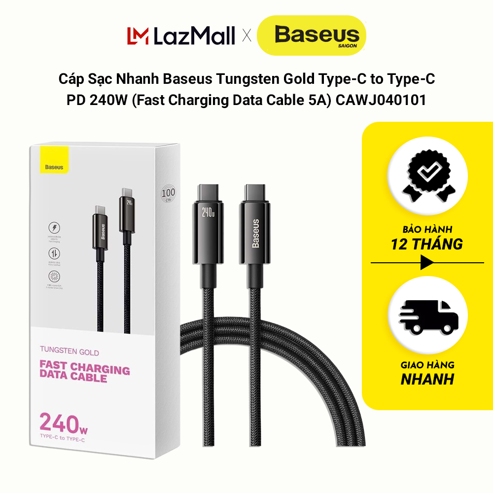 Cáp sạc nhanh baseus tungsten gold type-c to type-c pd 240w cawj040101