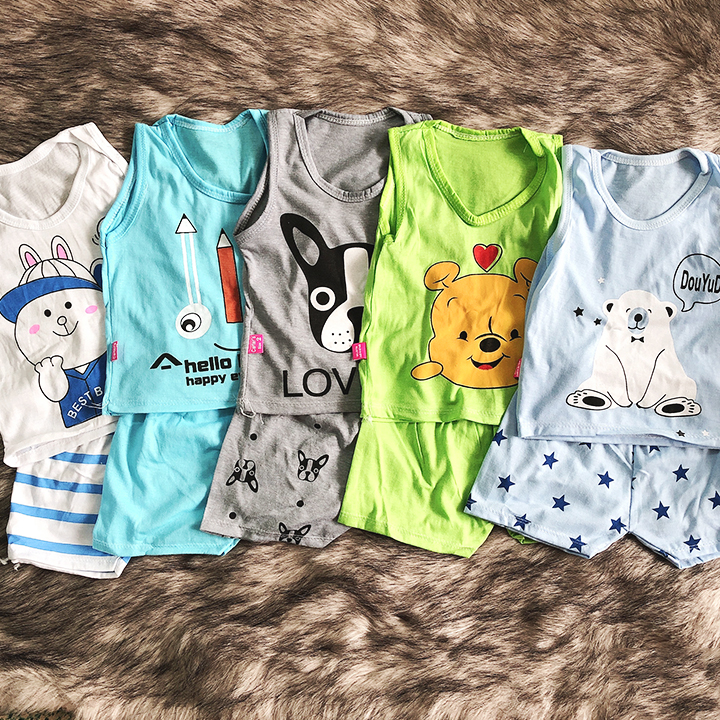 Bộ cotton cho bé, Bộ ba lỗ cho bé trai và bé gái 2 chiều hình thú ngộ nghĩnh cho bé 4-15kg chất thông thoáng co giãn BBShine – BVN033