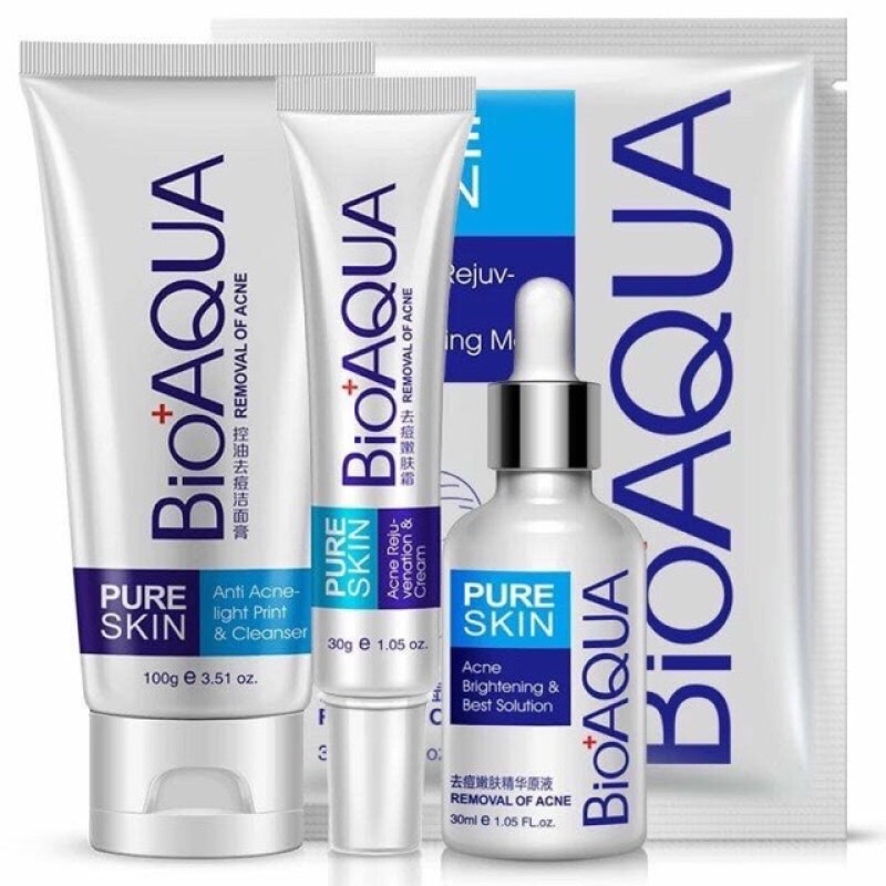 Combo 4 Món Mụn Bioaqua bộ ngừa mụn pure skin Sữa Rửa Mặt + 2 Mask+ Serum+ Kem Mụn ( Sản Phẩm Đăng Lại ) giá rẻ