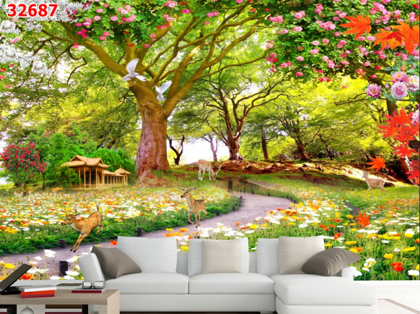 Tranh dán tường 3d phong cảnh thiên nhiên trang trí phòng khách phòng ngủ giá rẻ đẹp chất liệu decal pp keo sẵn bóc dán PA