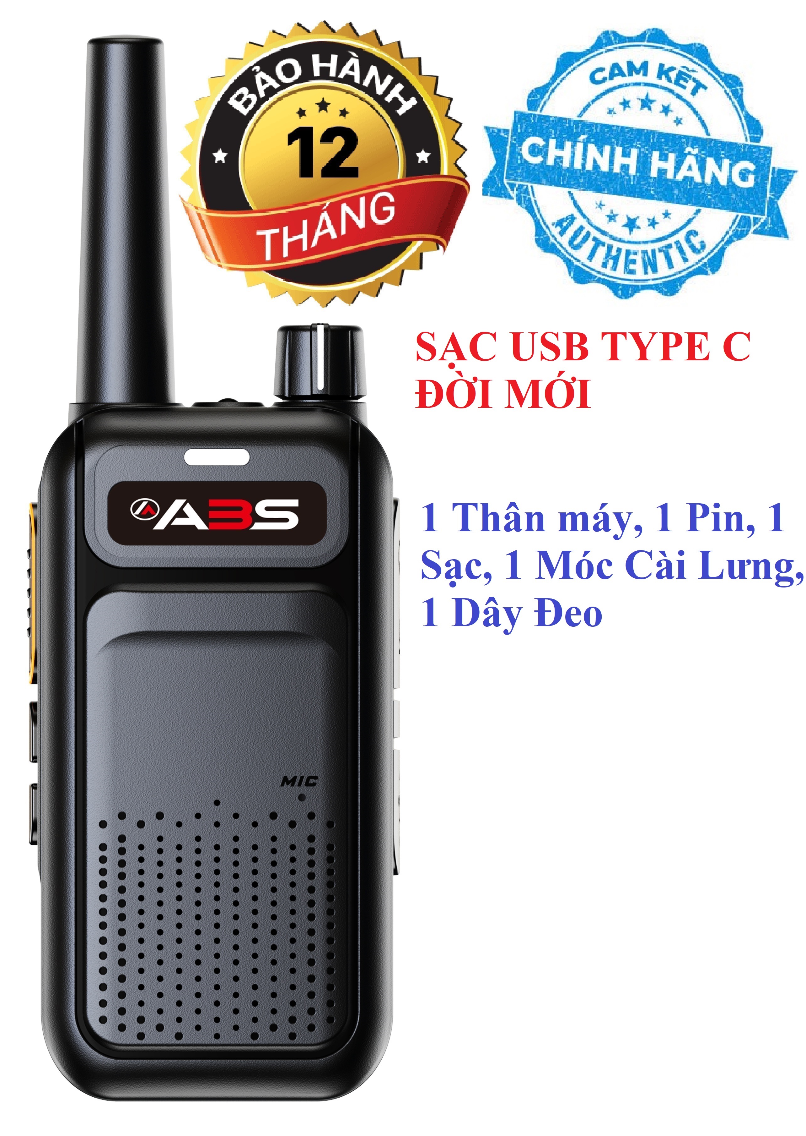 Bộ 1 Chiếc Bộ đàm Chính hãng  Sạc USB Type C ABS AB588 (Loa to& Chống Từ tính, Cự ly liên lạc Xa, Pin sử dụng>15 Tiếng)