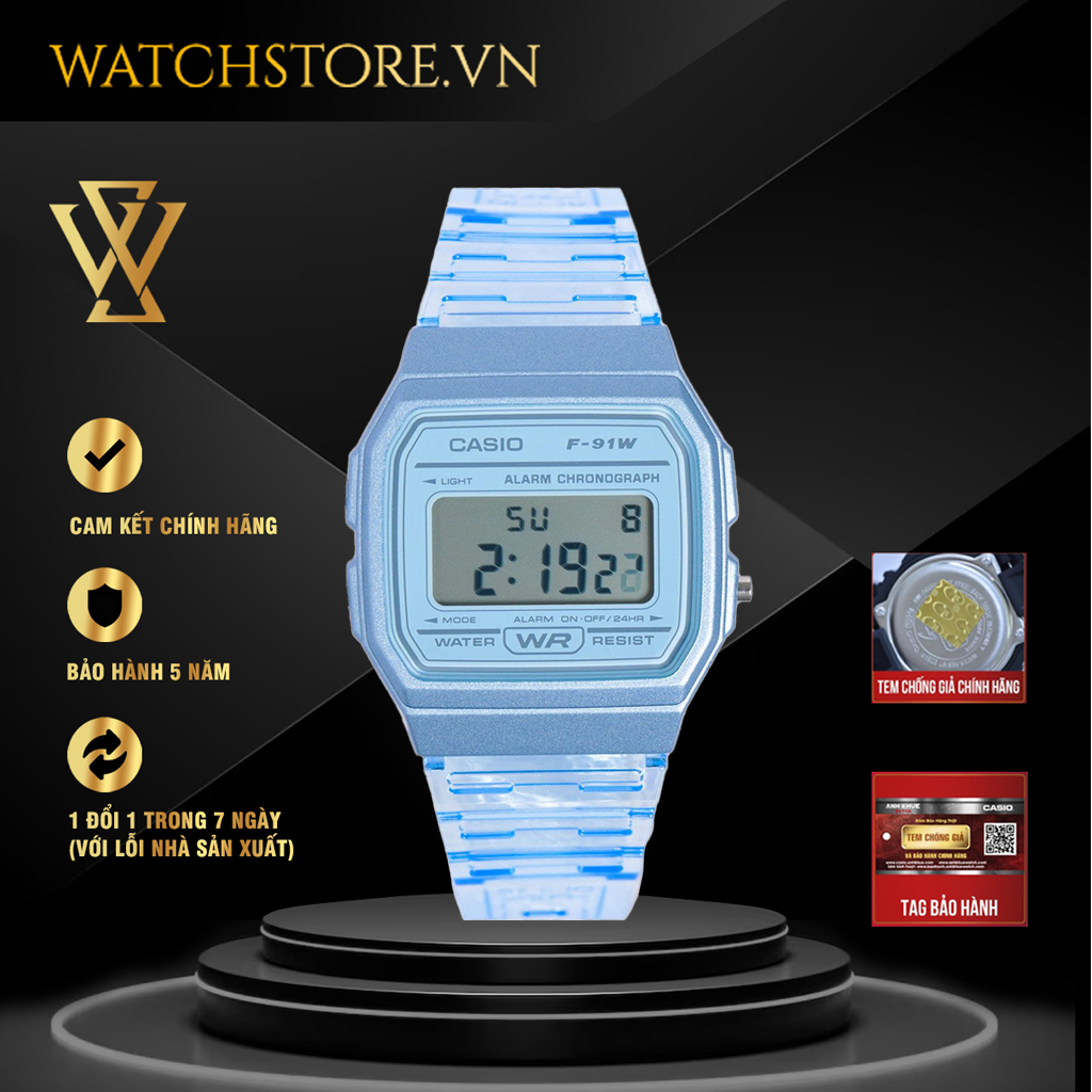 Đồng hồ quartz nữ casio chính hãng watchstore f-91ws-2df thiết kế mặt kính khoáng 35 mm, dây nhựa và vỏ nhựa