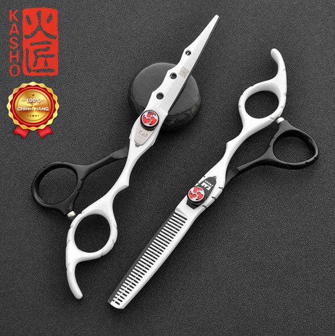Bộ kéo cắt tóc Kasho HA 03 đen trắng (Tặng bao da và chỉnh kéo khi mua 2 cây )