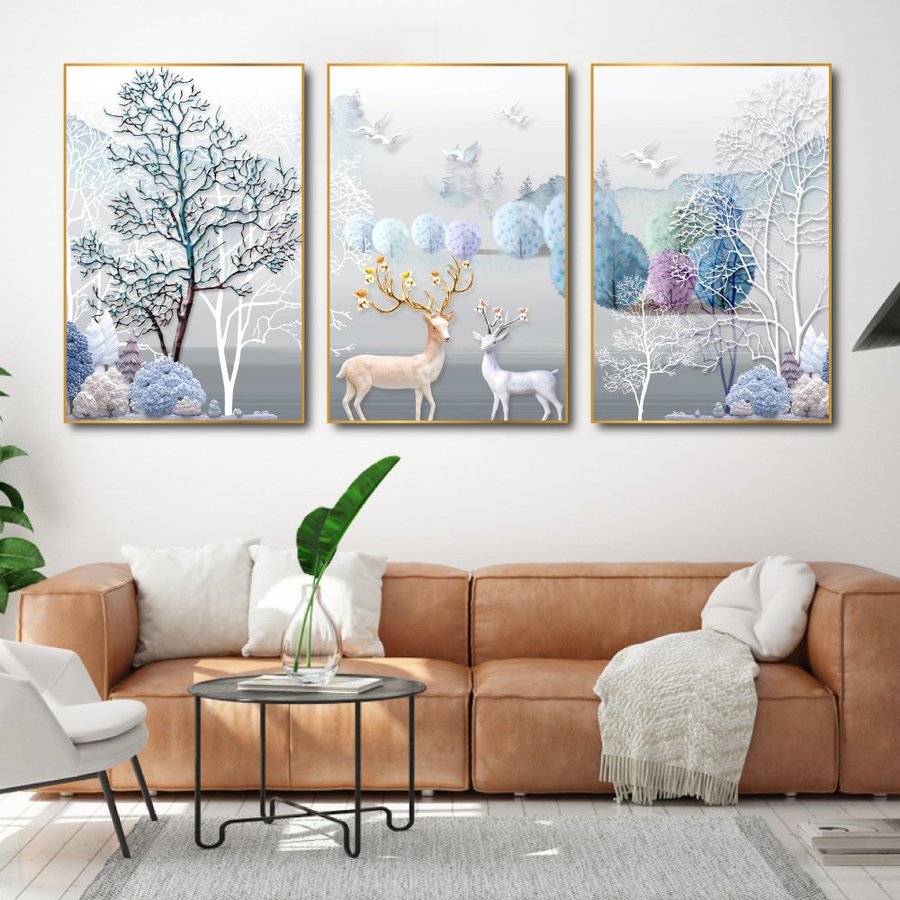 Tranh canvas giá xưởng Bộ tranh treo tường Hươu Rừng nghệ thuật Bắc âu trang trí decor phòng khách phòng ngủ tranh treo tường 3d phòng khách đẹp