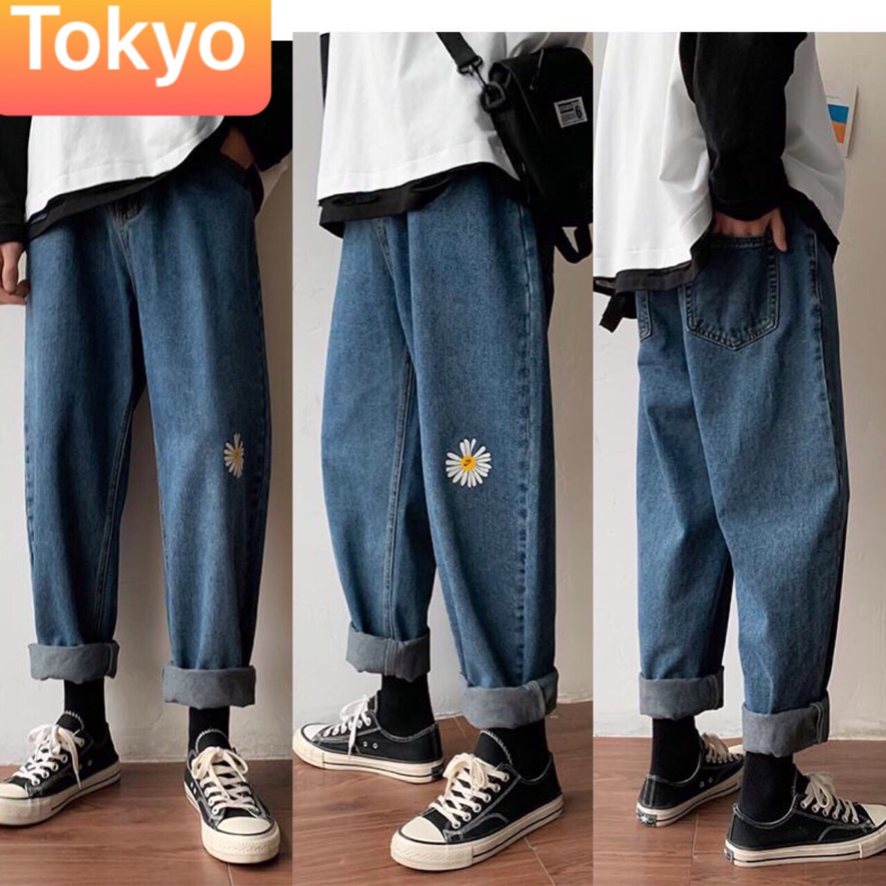 QUẦN BAGGY JEAN NAM CHẤT BÒ XANH HOA CÚC ỐNG RỘNG DÀI PHONG CÁCH MƠI CJ-34 - TOKYO FASHION