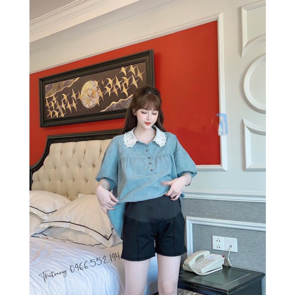￼Áo bầu mùa hè - Áo sơ mi bầu cổ ren hoa 3D (50-75kg)